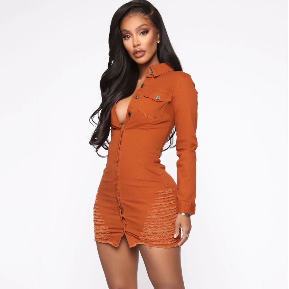 Fashion Nova Rust Button-Down Dress